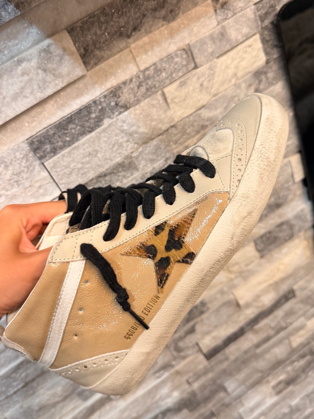 Golden goose mid star Sneaker with Leopard Star Accent and Black Laces